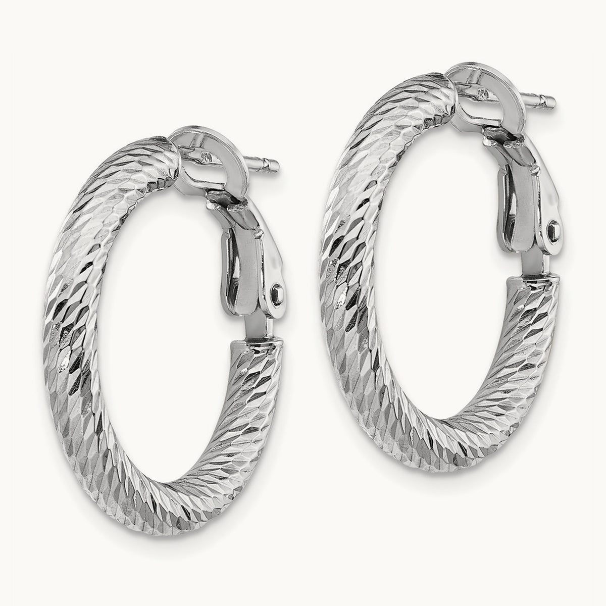 Diamond-cut Round Omega Back Hoop Earrings — 14K White Gold, 3x21mm