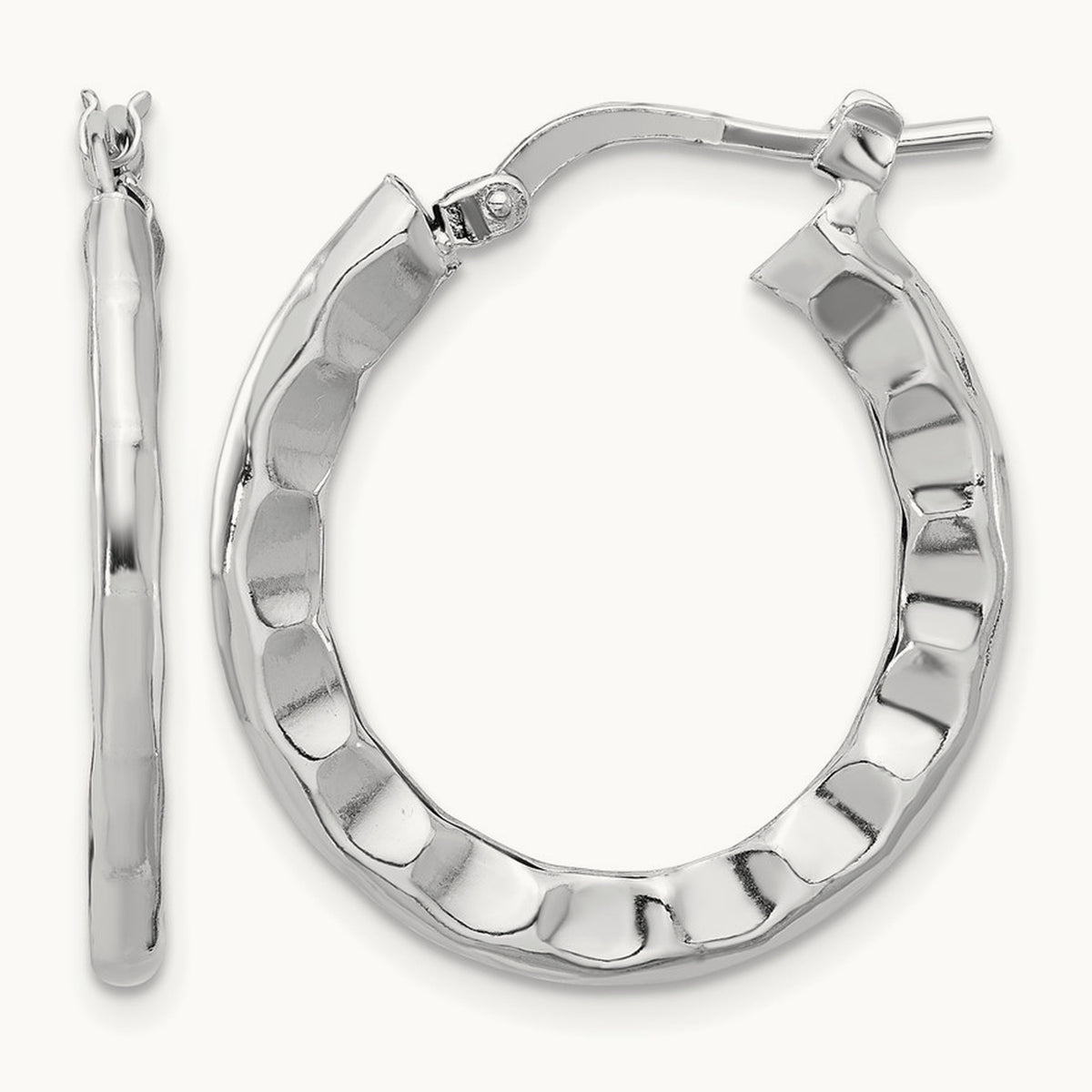 Rh-plated Polished/Hammered Hoop Earrings, Sterling Silver — Leslie's