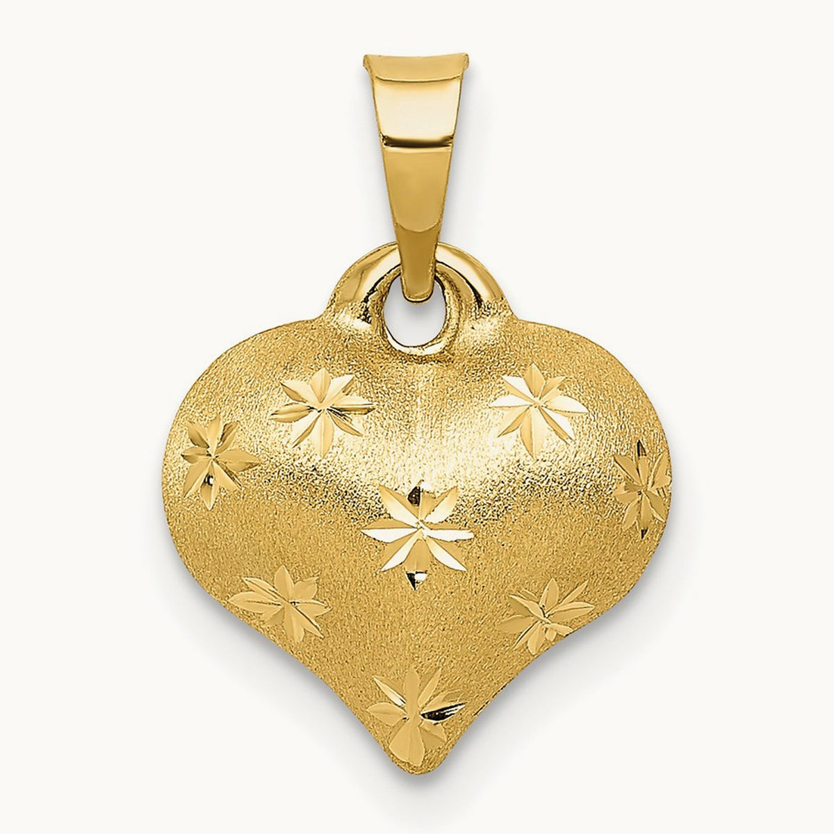 Polished and Satin Diamond-cut 3-D Puffed Heart Pendant, 14K