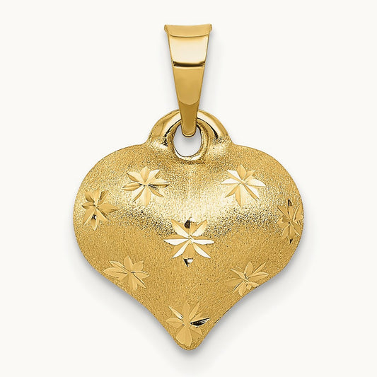 Polished and Satin Diamond-cut 3-D Puffed Heart Pendant, 14K