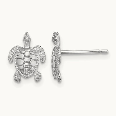 Polished / Textured Sea Turtle Post Earrings, 14K White Gold