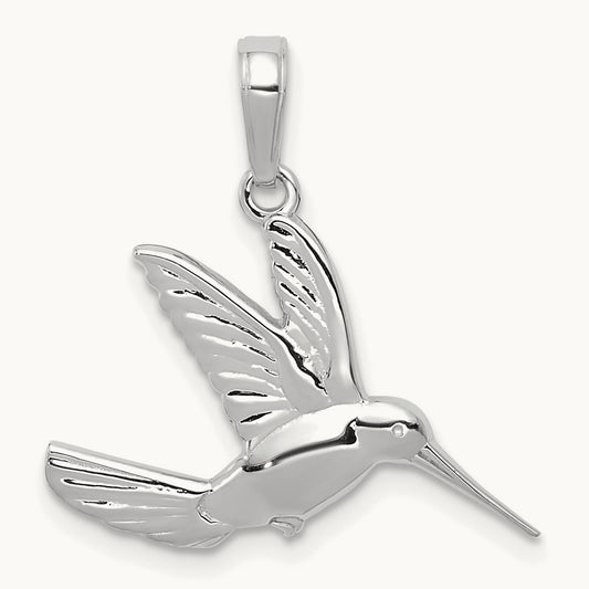 Polished Hummingbird in Flight Pendant — 14K White Gold