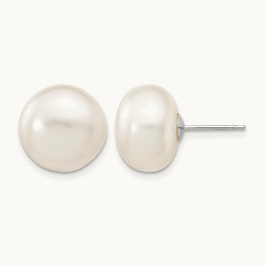 12- White Button FW Cultured Pearl Stud Post Earrings, 13mm, 14K White Gold