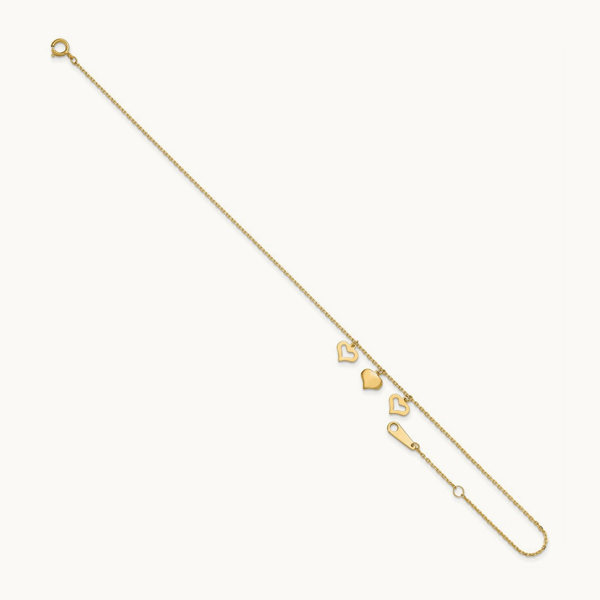 3 Hearts 10inch Plus 1 inch Extension Anklet, 14K