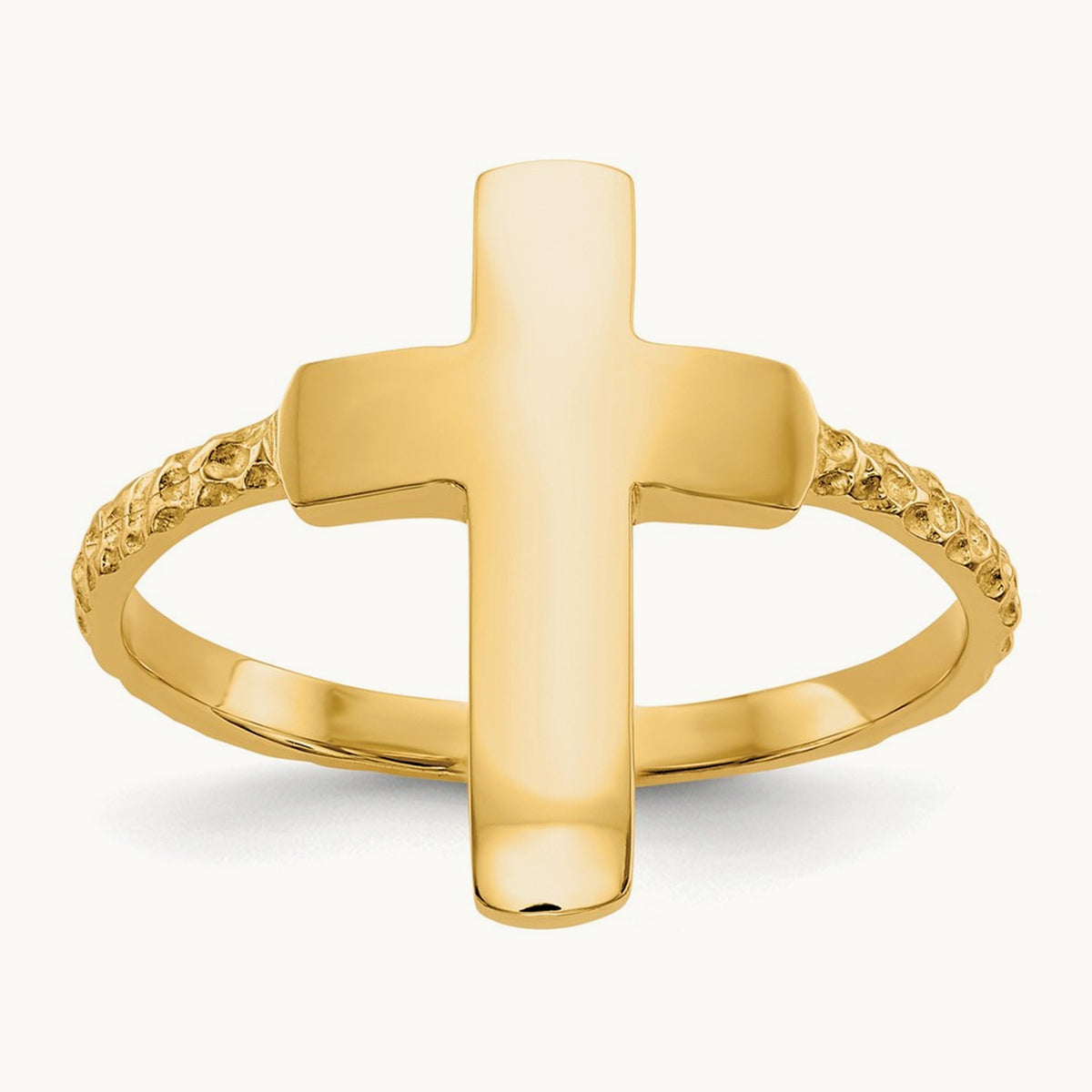 Polished Textured Cross Ring — 14K Yellow Gold
