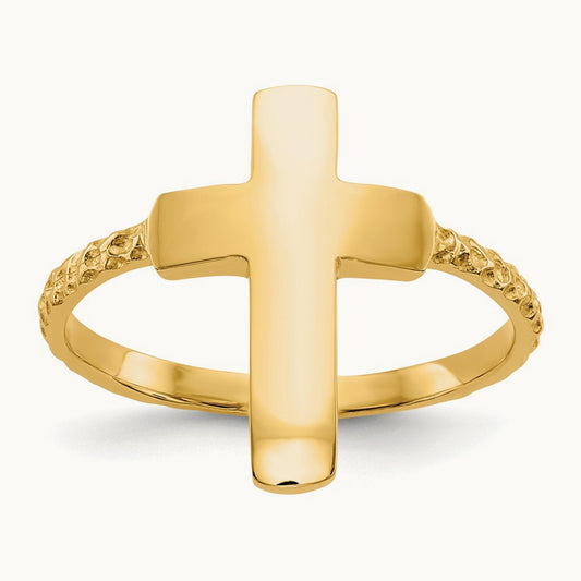 Polished Textured Cross Ring — 14K Yellow Gold