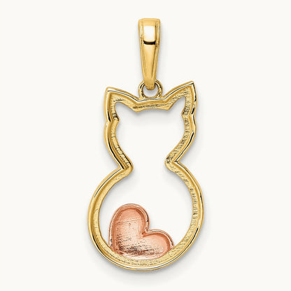 Diamond-cut Cat Heart Pendant, 14K with White Rhodium