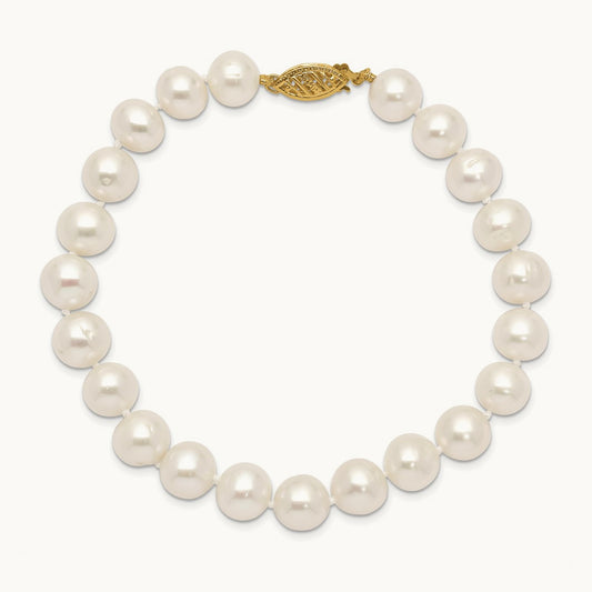 8- White Near Round Freshwater Cultured Pearl Bracelet, 14K