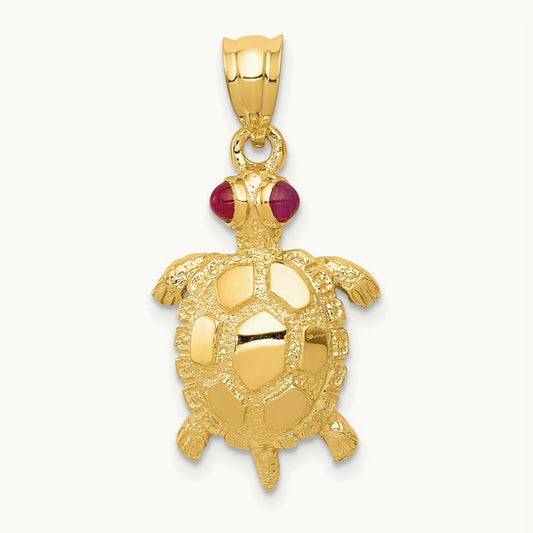 Turtle with Ruby Eyes Pendant, 14K
