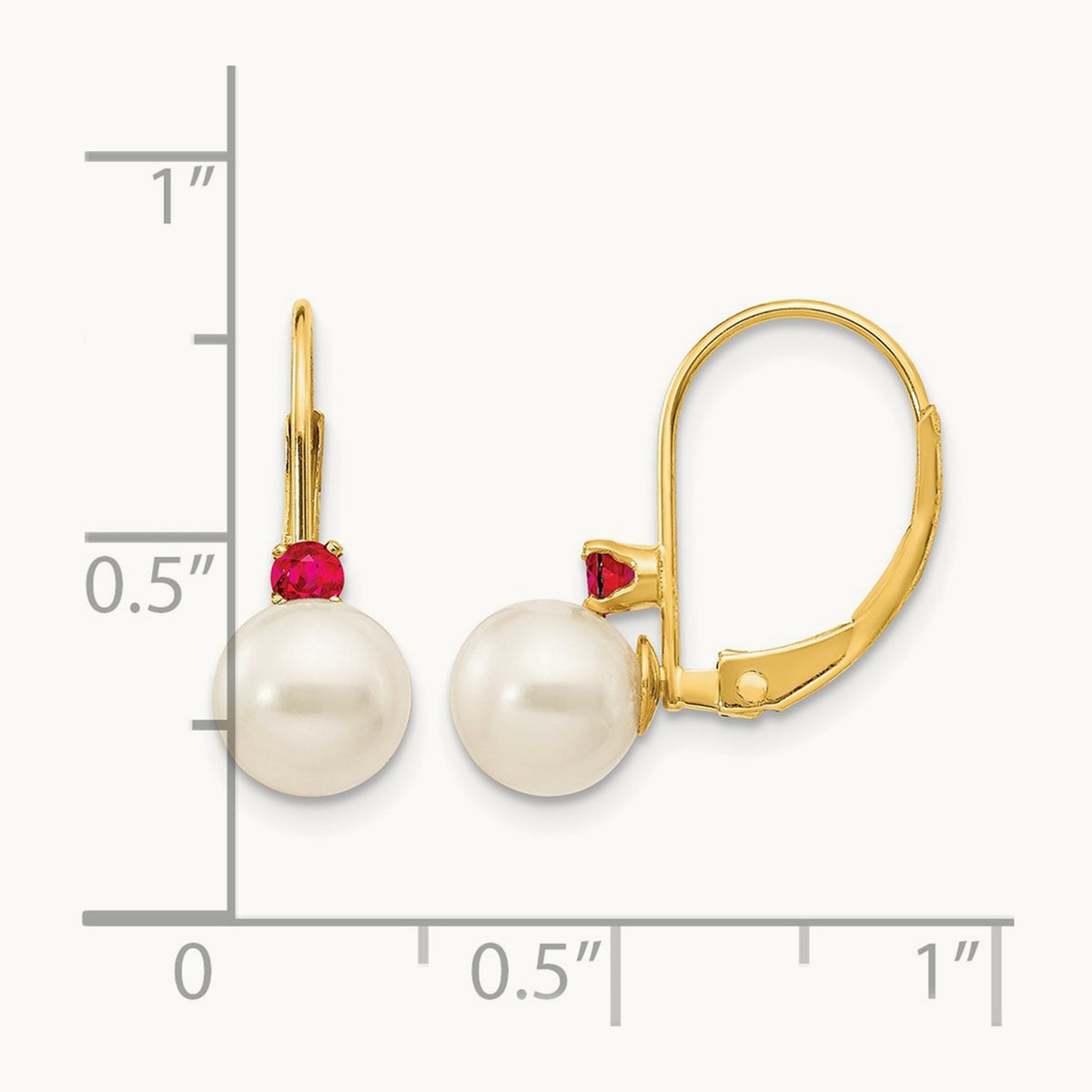 6- White Round FW Cultured Pearl Ruby Leverback Earrings, 6.5mm, 14K