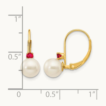 6- White Round FW Cultured Pearl Ruby Leverback Earrings, 6.5mm, 14K