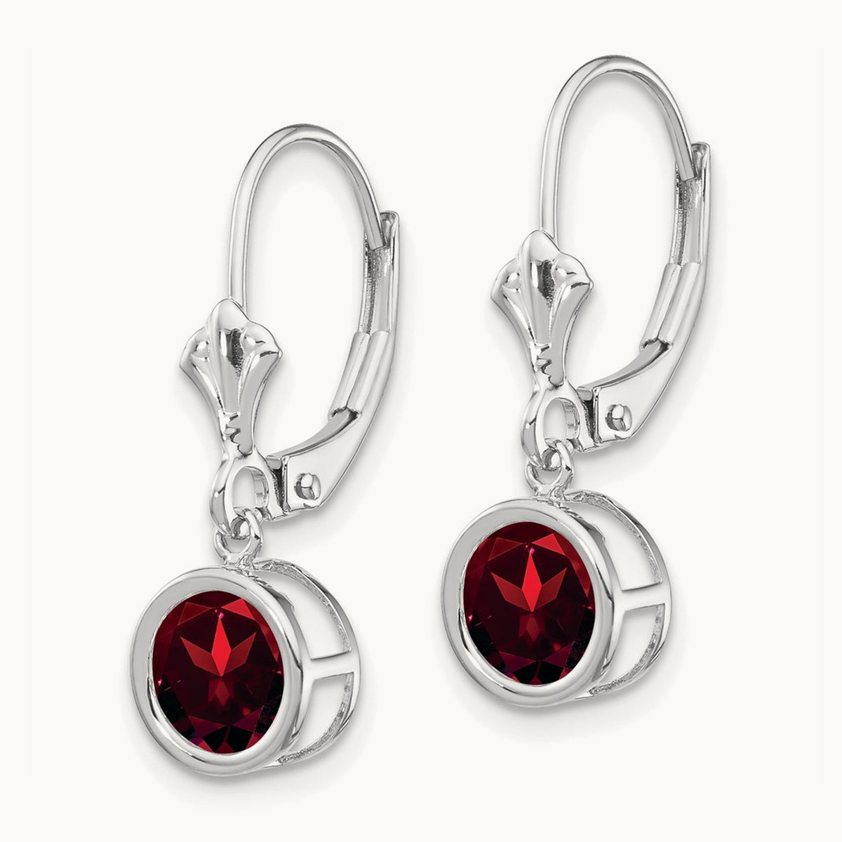 Garnet Leverback Earrings — 14K White Gold