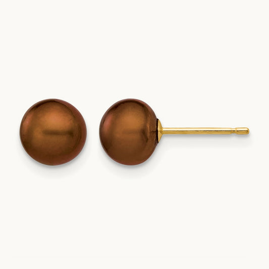 6- Brown Button Freshwater Cultured Pearl Stud Post Earrings, 7mm, 14K