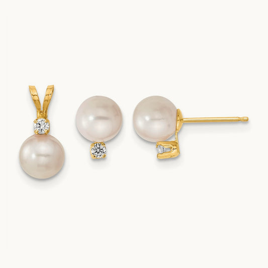 6- Saltwater Akoya Cultured Pearl & Dia. Earrings & Pendant Set, 7mm, 14K