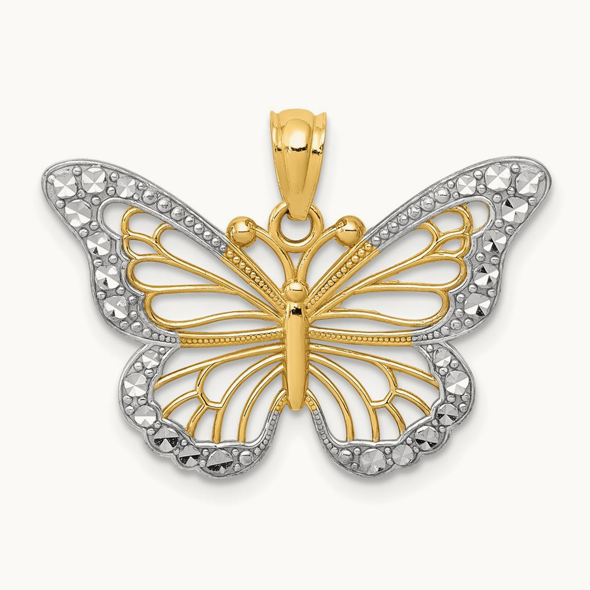w/ Rhodium Diamond-cut Polished Open Butterfly Pendant, 14K