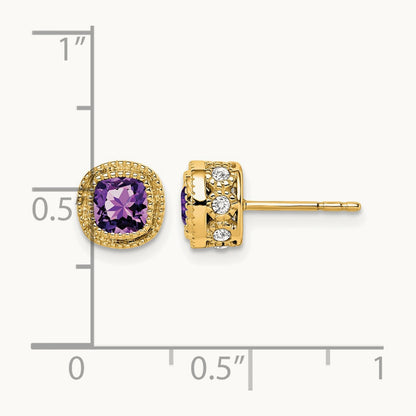 Cushion Amethyst and Diamond Earrings — 14K Yellow Gold