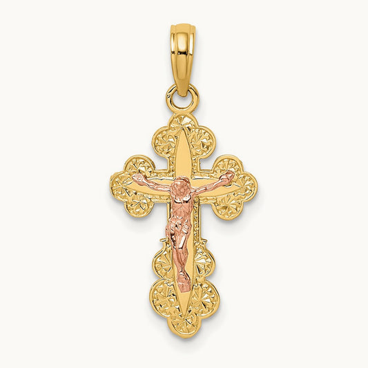 Crucifix W/ Scallop Trim Charm, 14K Two-tone