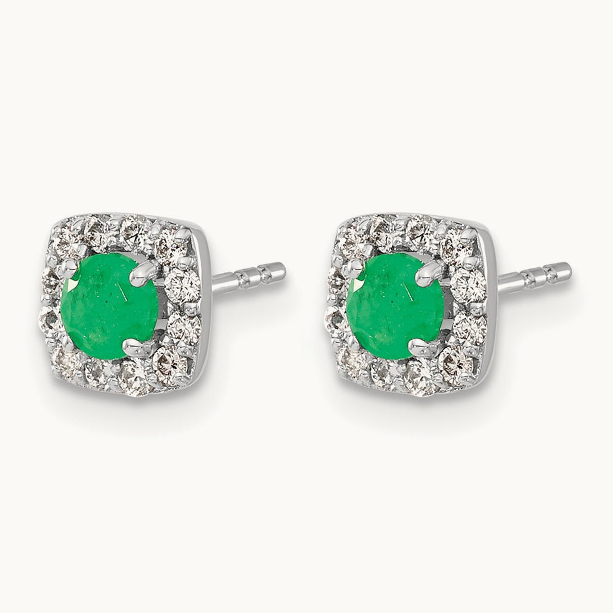 Diamond and Emerald Square Halo Earrings, 14K White Gold