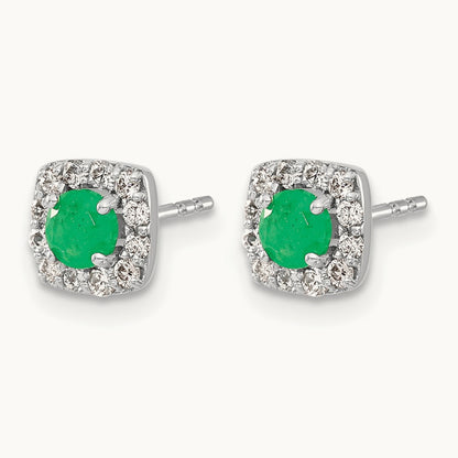 Diamond and Emerald Square Halo Earrings, 14K White Gold