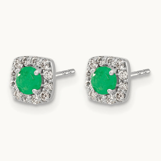 Diamond and Emerald Square Halo Earrings, 14K White Gold
