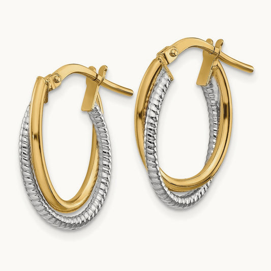 Polished Textured Double Oval Hoops, 14K Two-tone