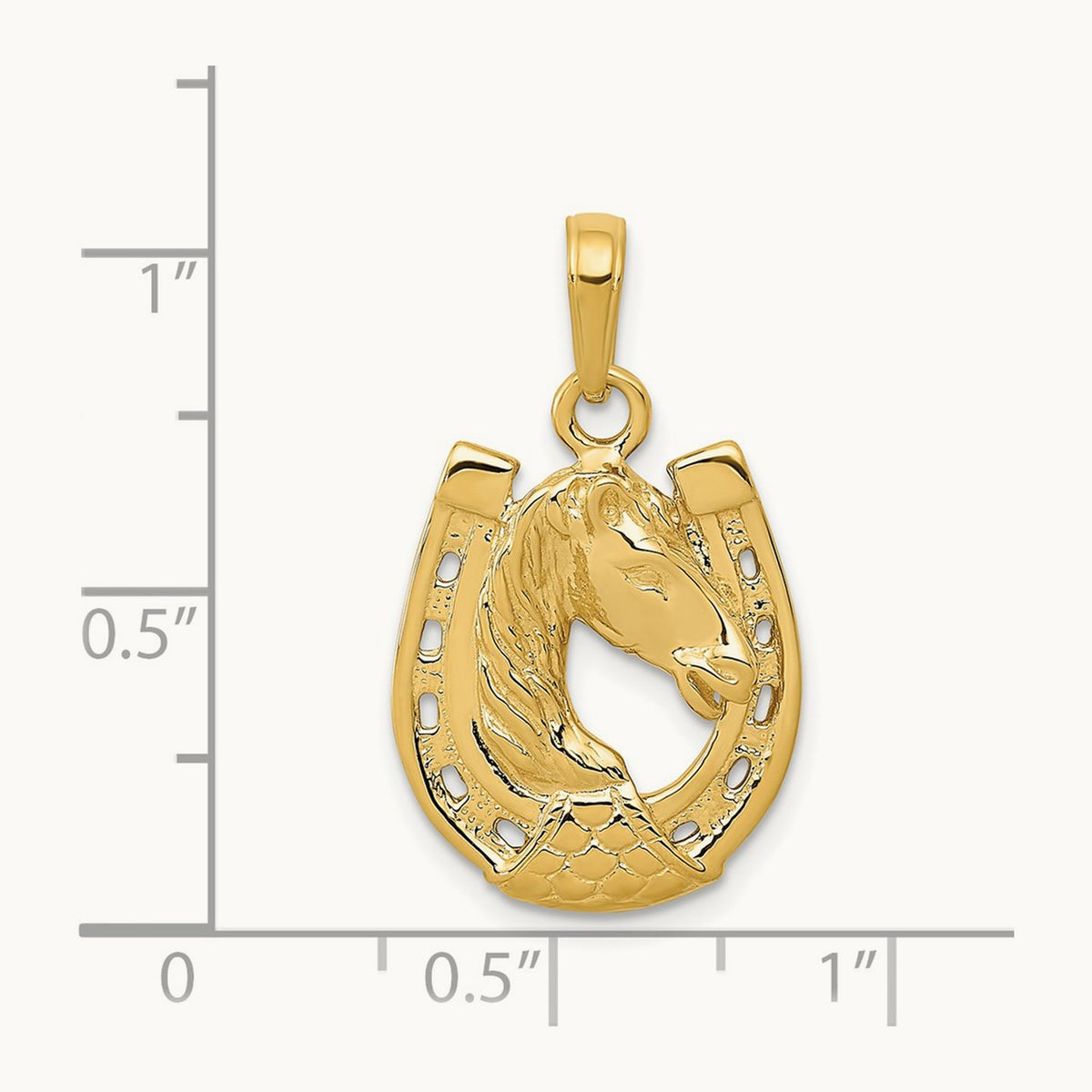 Solid Polished Horse Head in Horseshoe Pendant — 14K Yellow Gold