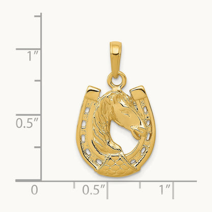 Solid Polished Horse Head in Horseshoe Pendant — 14K Yellow Gold