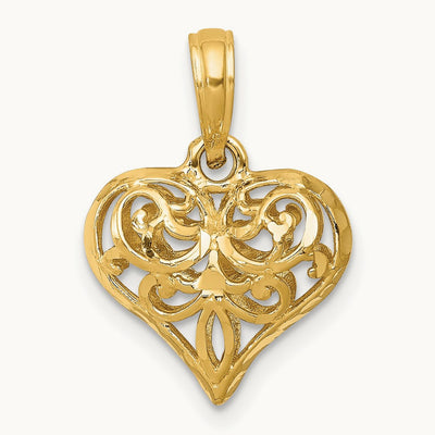 Polished 3-D Filigree Puffed Heart Pendant — 20mm