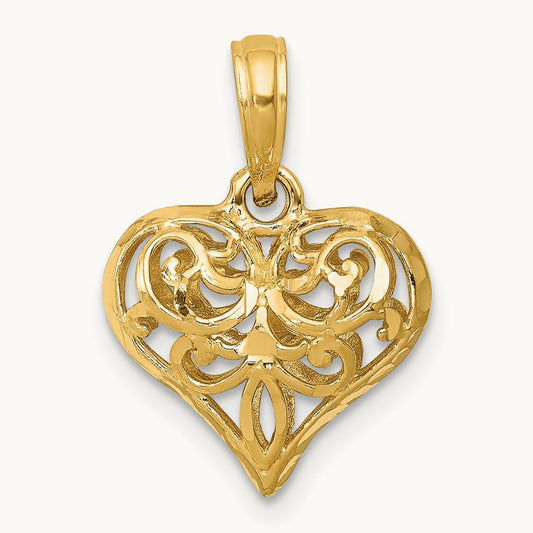 Polished 3-D Filigree Puffed Heart Pendant — 20mm
