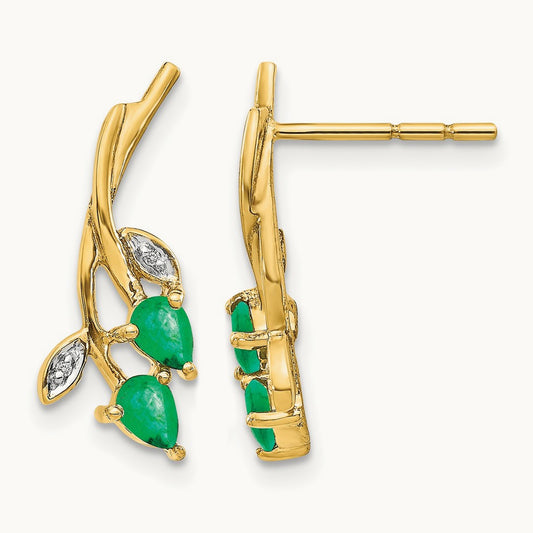Diamond and Pear Emerald Floral Post Earrings, 14K