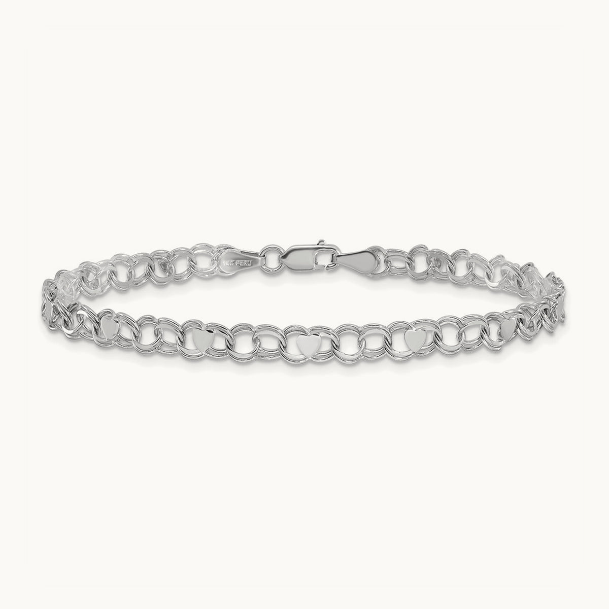 Double Link Heart Charm Bracelet — 14K White Gold