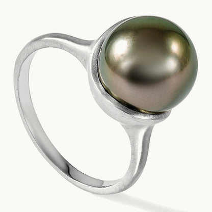 Brushed 10- Round Black Tahitian Pearl Ring, 11mm, 14K White Gold