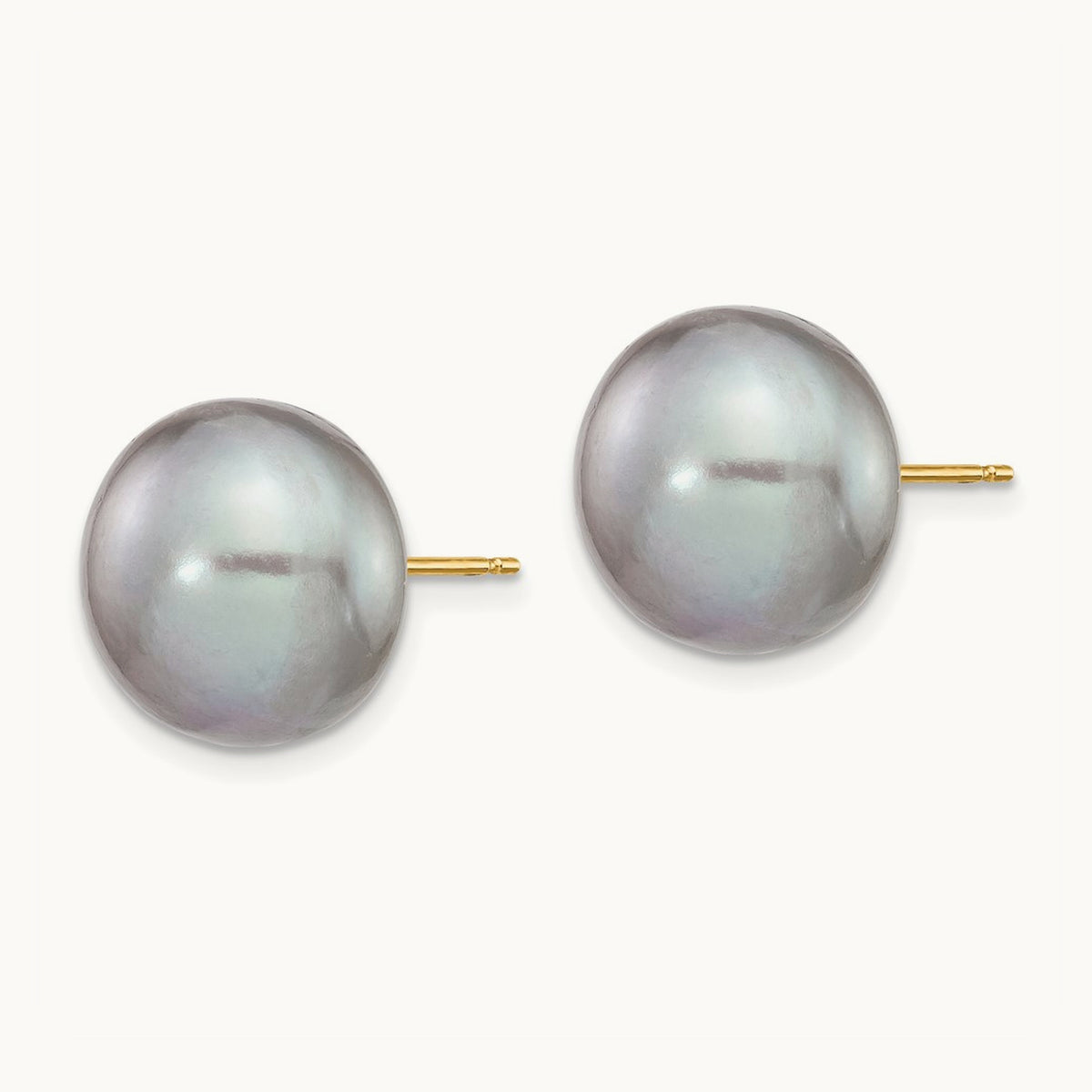12- Grey Button FW Cultured Pearl Stud Post Earrings, 13mm, 14K