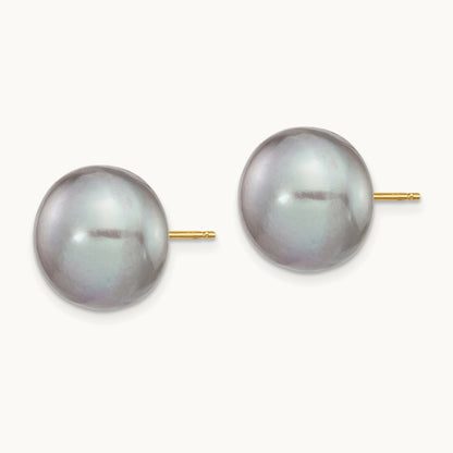 12- Grey Button FW Cultured Pearl Stud Post Earrings, 13mm, 14K