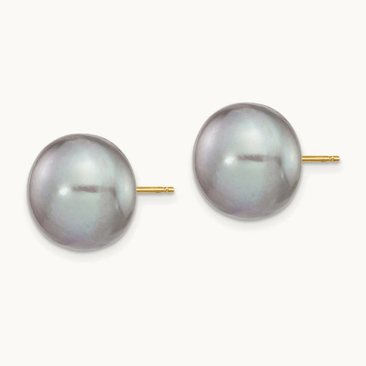 12- Grey Button FW Cultured Pearl Stud Post Earrings, 13mm, 14K