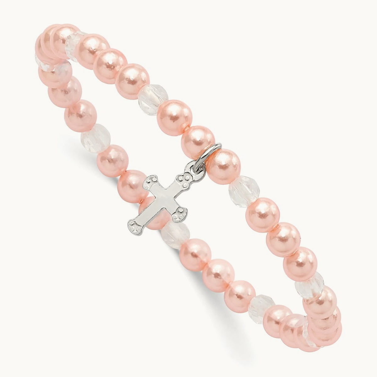 Shell Bead & Crystal Stretch Cross Bracelet w/Pouch, Sterling Silver Pink