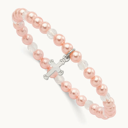 Shell Bead & Crystal Stretch Cross Bracelet w/Pouch, Sterling Silver Pink