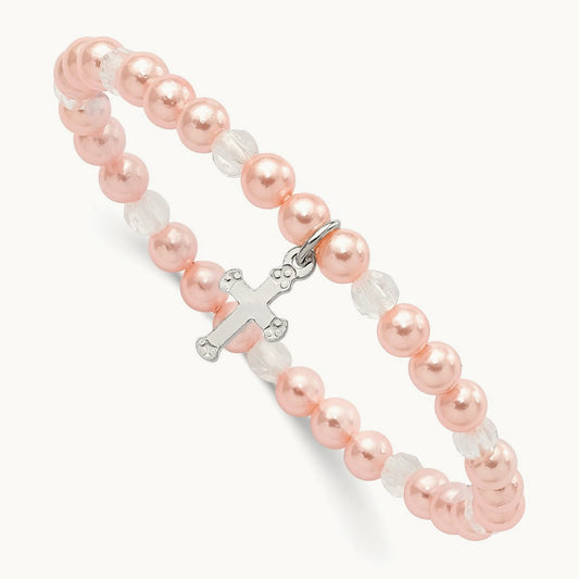 Shell Bead & Crystal Stretch Cross Bracelet w/Pouch, Sterling Silver Pink