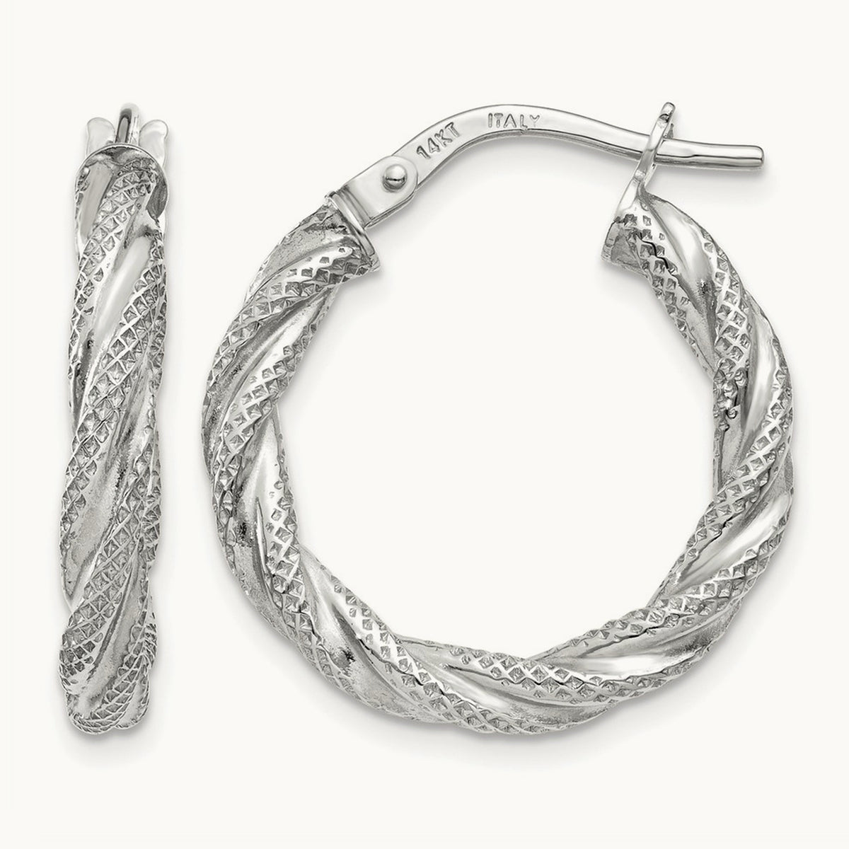 Twisted Textured Hoop Earrings — 14K White Gold, 20mm