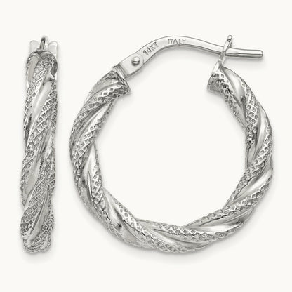 Twisted Textured Hoop Earrings — 14K White Gold, 20mm
