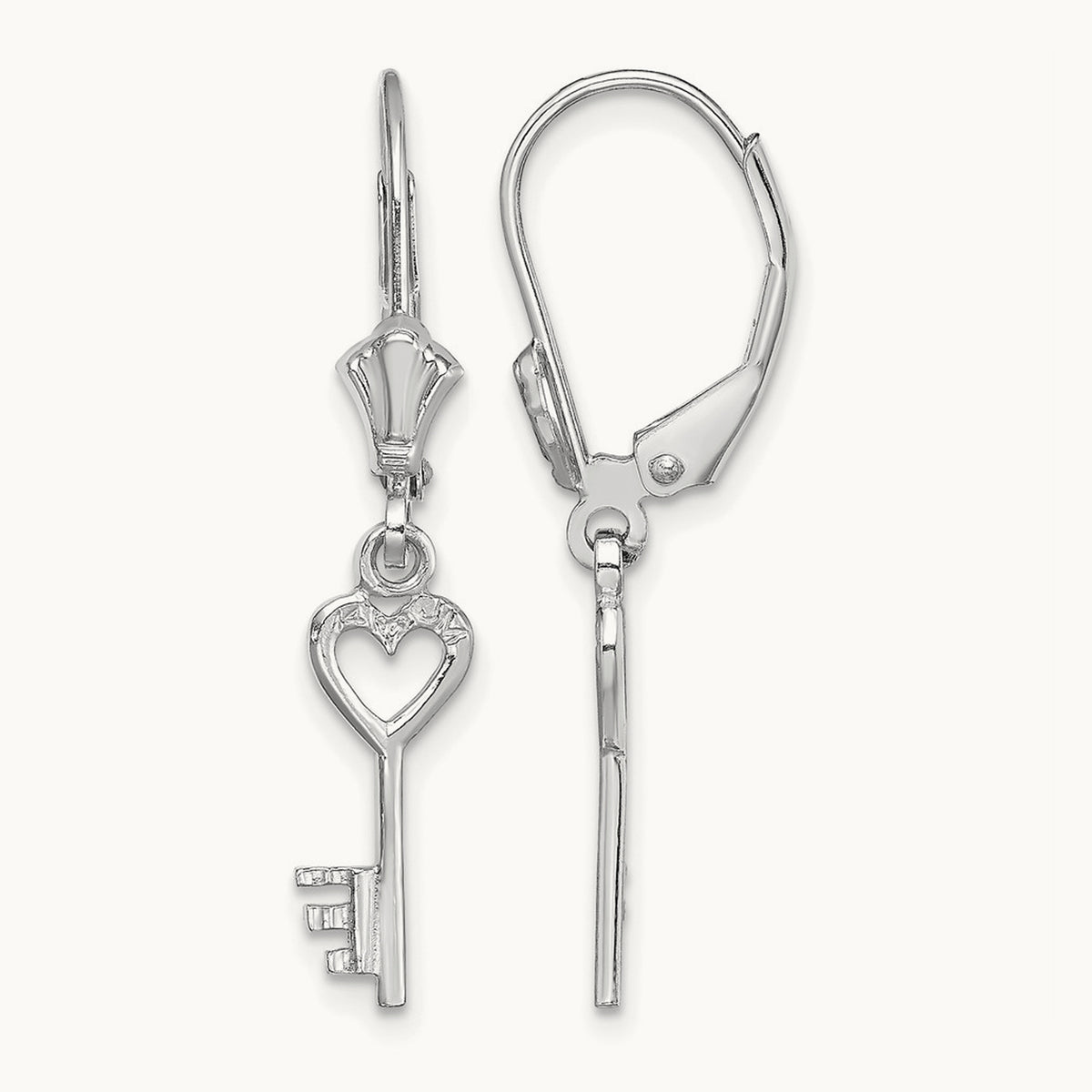 Polished Heart Key Leverback Earrings — 14K White Gold