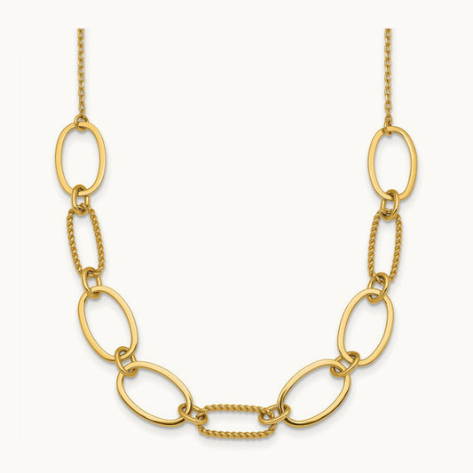 Polished And Twisted Oval Link W/2in Ext Necklace, 9.5mm, 14K
