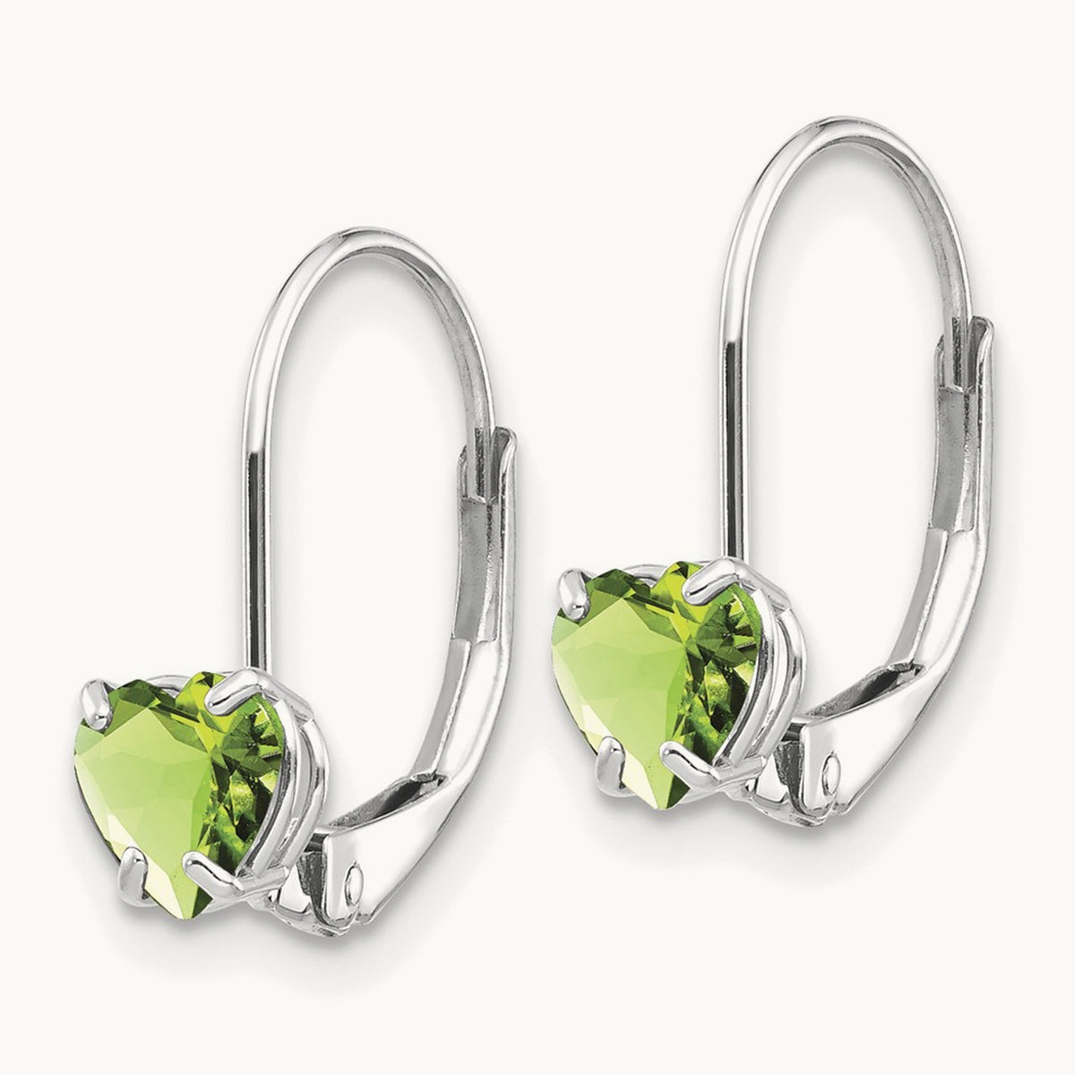 Heart Peridot Leverback Earrings — 14K White Gold