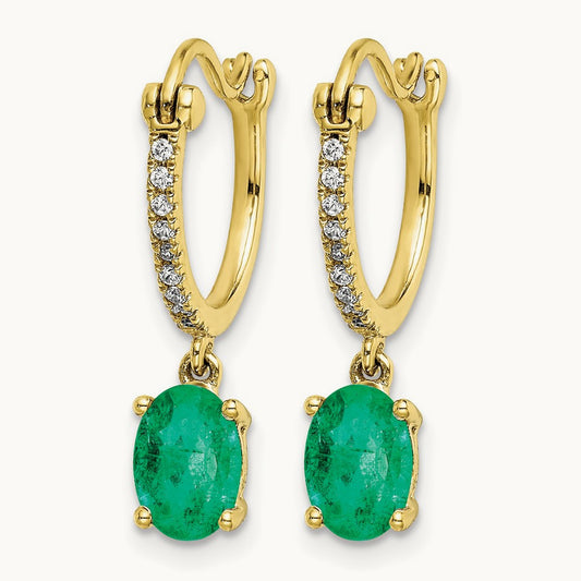 1/10ct Diamond and Emerald Dangle Hoop Earrings, 14K