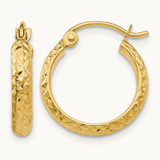 Diamond-cut Hollow Hoop Earrings — 14K Yellow Gold, 2.5x15mm