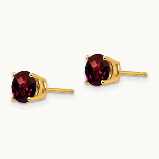 Garnet Checker Earrings, 6mm, 14K