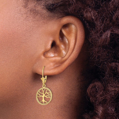 Tree of Life In Round Frame Leverback Earrings — 14K Yellow Gold