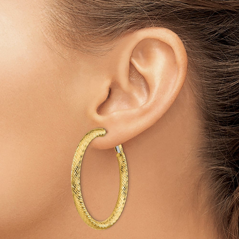 Diamond-cut Round Omega Back Hoop Earrings — 14K Yellow Gold, 4x45mm