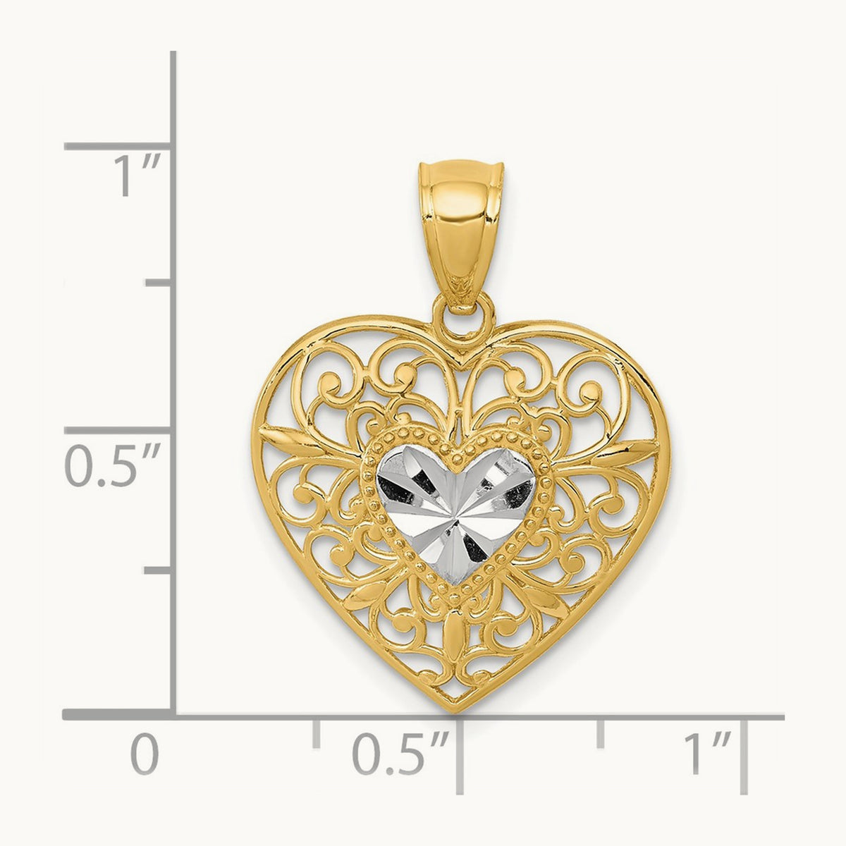 Polished Diamond-cut Filigree Heart Pendant, 14K with White Rhodium