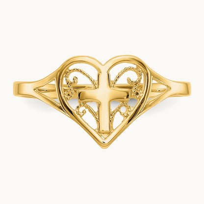 Polished Heart w/ Cross Ring, 14K